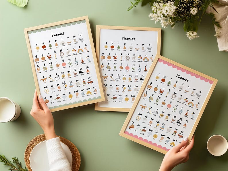 以下が含まれることがあります： 「フォニックス」という単語が上部に書かれた、カラフルな教育ポスター3枚。各ポスターには、対応する画像とともに、さまざまなフォニックス音がイラストで描かれています。