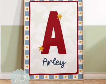 Personalised Initial Wall Art Print, Toddler Boys Prints, Checkerboard Prints, Boys Decor, Nursery Prints, Playroom Prints, Custom Name