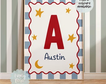 Personalised Checkerboard Initial Wall Art Print, Boys Nursery Decor (Printed Poster)