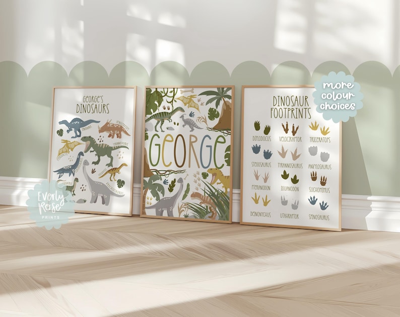 May include: Three printable posters featuring dinosaurs. The first poster shows a variety of dinosaurs with the text "George's Dinosaurs". The second poster shows a jungle scene with the name "George" in large letters. The third poster shows a chart of dinosaur footprints with the text "Dinosaur Footprints".