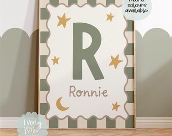 Personalised Checkerboard Initial Wall Art Print, Boys Nursery Decor Poster