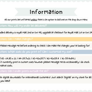 May include: Information about print orders, including delivery options, size customization, and international shipping. The text includes questions and answers about order details.