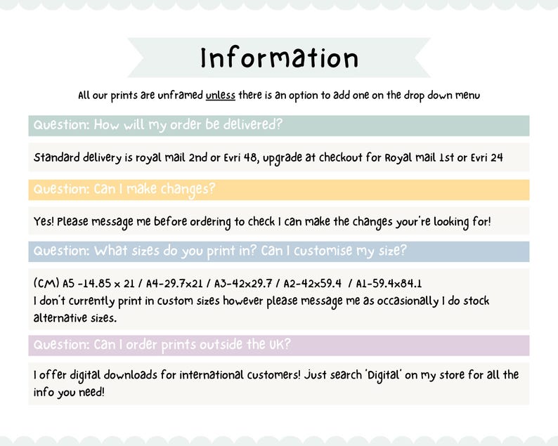 May include: Information about print orders, including delivery options, size customization, and international shipping. The text includes questions and answers about order details.