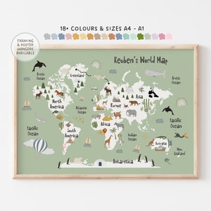 World Map Prints, A4 - A1, Various Colours, Nursery Print, Kids Bedroom Maps, Animals of the world, Animal Maps Print, Safari Decor, Framed