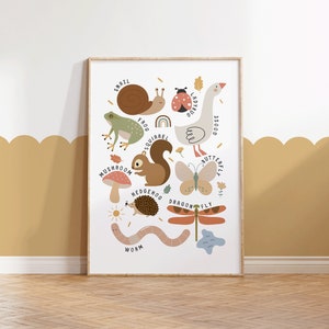 May include: A framed print with charming illustrations of woodland creatures and insects, such as a snail, frog, ladybug, goose, squirrel, butterfly, mushroom, hedgehog, dragonfly, and worm. The artwork is set against a white background with a wooden frame.
