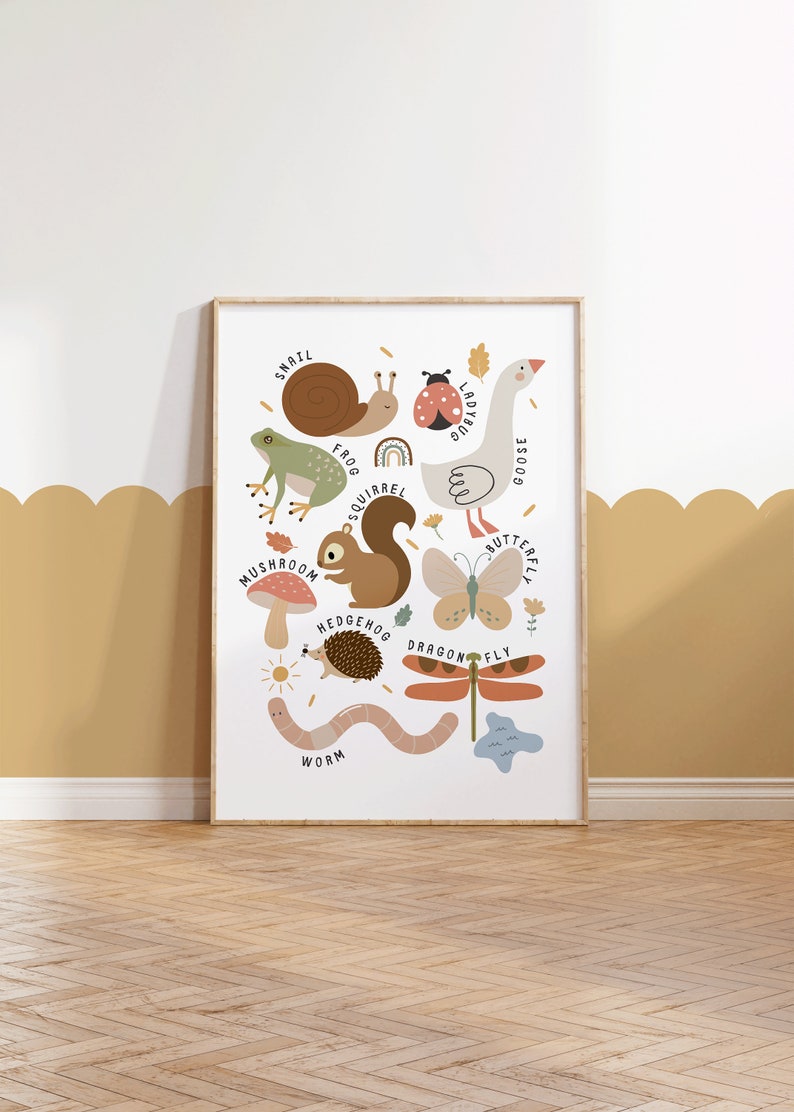 May include: A framed print with charming illustrations of woodland creatures and insects, such as a snail, frog, ladybug, goose, squirrel, butterfly, mushroom, hedgehog, dragonfly, and worm. The artwork is set against a white background with a wooden frame.