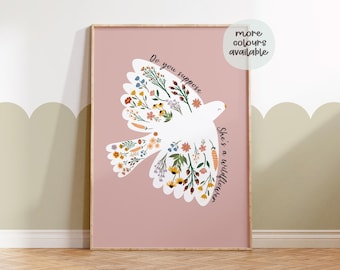 Personalised dove print, wildflower prints, she’s a wildflower, flower prints, nursery decor, girls, childrens prints, flower print, Scandi