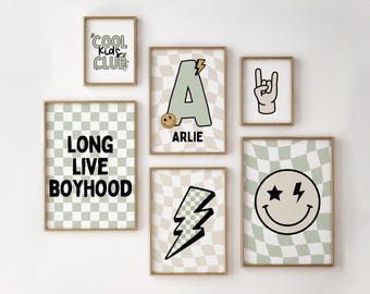 Set of 6, Checkerboard Retro Style Prints, Smile Face Prints, Cool Kids Club, Boys Bedroom Prints, Colour Options, Teen Prints, Boys Decor