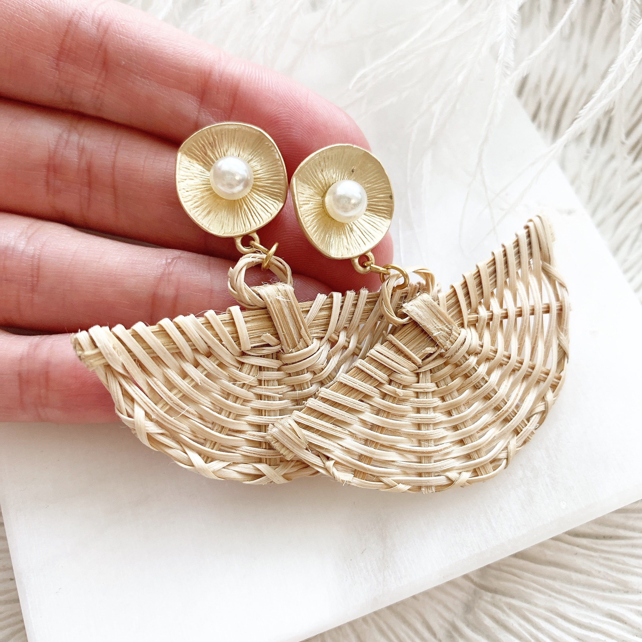 Woven wicker earring set with gold details & faux Etsy