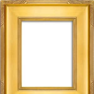 May include: A gold-colored picture frame with a rectangular opening. The frame has a thick, ornate design with detailed carvings on the corners and edges. The frame's interior is white, creating a contrast with the gold.