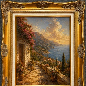 May include: An oil painting in a decorative gold frame depicting a coastal Mediterranean scene at sunset. The artwork features a stone pathway lined with potted flowers, a building with pink bougainvillea, and a view of the sea and mountains.