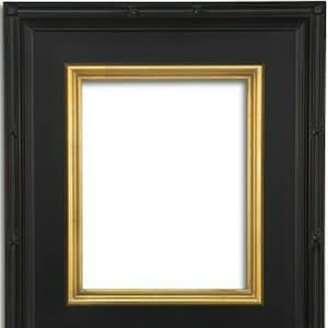 May include: Square black picture frame with a gold inner frame. The frame has a decorative, textured design on the outer edges. The inner frame is a bright gold color, and the center is white.