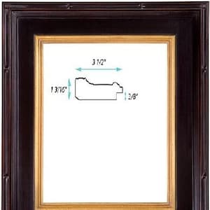May include: A black wood picture frame with a gold inner lip. The frame measures 3 1/2 inches wide and 13/16 inches deep.