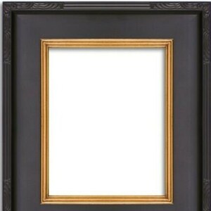 May include: A black picture frame with a gold inner border. The frame has a decorative, ornate design.