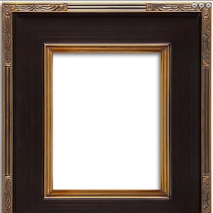 May include: A rectangular picture frame with a dark brown finish and a gold inner border. The frame has decorative gold accents on the corners and edges. The center is a white, empty space.