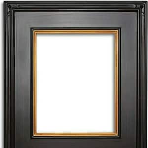 May include: A black picture frame with a gold inner border. The frame has a rectangular shape with a white interior. The frame's outer edge has a decorative, layered design.