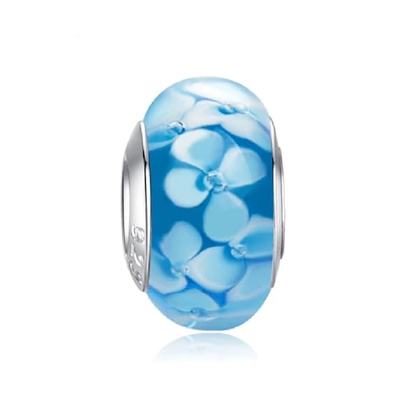 Blue Murano Glass Blue Flower Design Smooth Charm Bead with 925 Silver Core