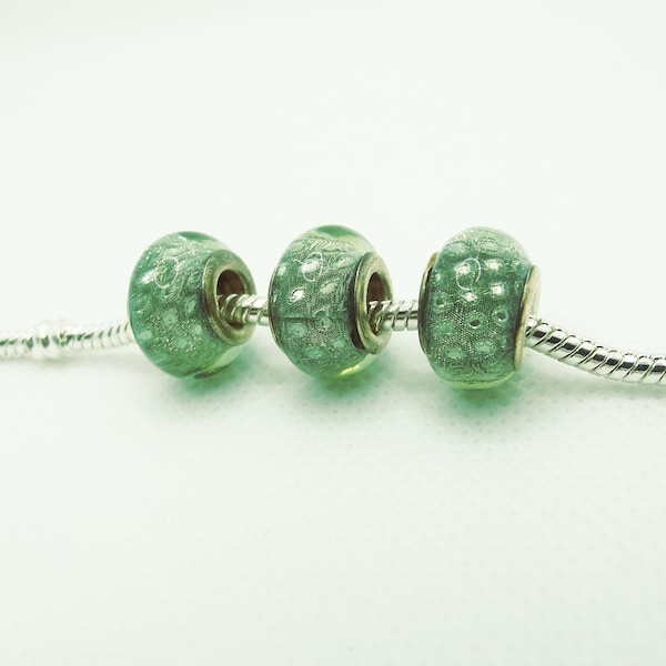 Murano Glass Green Bubble Design Smooth Charm Bead with Silver Colored Core