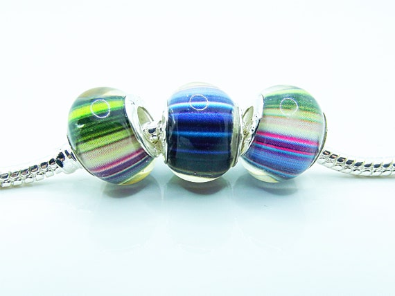 Multicolor Murano Glass Stripe Design Smooth Charm Bead With 925