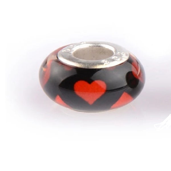 Black Murano Glass Red Heart Design Smooth Charm Bead with 925 Silver Core