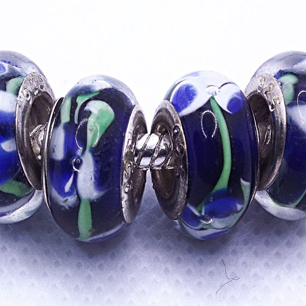 Blue Murano Glass Blue flower Design Charm Bead with 925 Silver Core