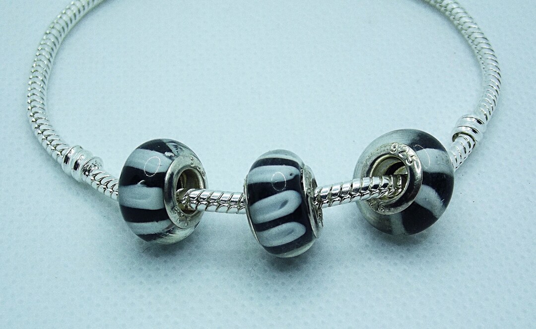 Murano Glass Black White Striped Smooth Charm Bead With 925 - Etsy