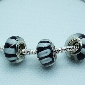 Murano Glass Black White Striped Smooth Charm Bead with 925 Silver Core