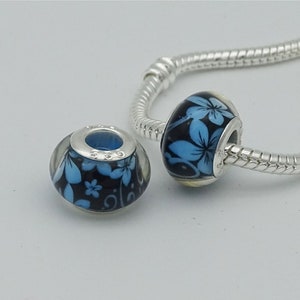 Murano Glass Turquoise Hibiscus Black Smooth Charm Bead with Silver Colored Core