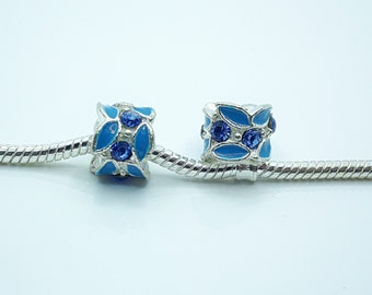 Silver Color Spacer with Blue Leaf Design Charm Beads