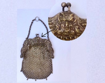 Antique 1880s mesh handbag/ Victorian coin purse/ 1880s Art Nouveau/ Satan face/ Devil face/ Pan/ Satanic/ Gothic ladies handbag.