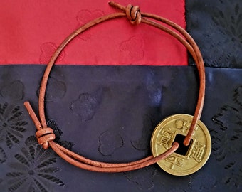 Ancient Korean Good Luck, Wealth, Meditation Coin, Pendant, Adjustable Brown Genuine Leather Bracelet - Superb Tsar Style for Men, Women