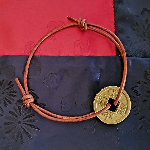 Ancient Korean Good Luck, Wealth, Meditation Coin, Pendant, Adjustable Brown Genuine Leather Bracelet - Superb Tsar Style for Men, Women