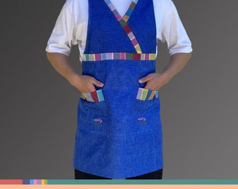Korean Colorful Hanbok V-neck Apron Pinafore Ramie Pockets Double Lined Women Men for Cooking Serving Partying Gift Artist Painter Gardening
