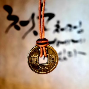 Ancient Korean Good Luck, Wealth, Meditation Coin, Pendant, Adjustable Brown Genuine Leather Necklace - Superb Tsar Style for Men, Women