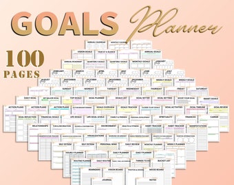 May include: A printable planner with 100 pages for goal setting. The planner includes pages for daily, weekly, and monthly goals, as well as sections for vision boards, habit trackers, and more.