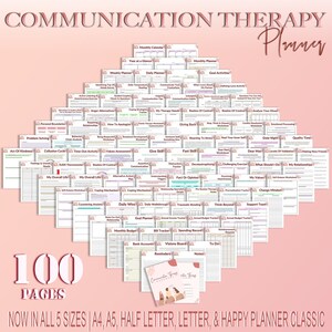 May include: A pink and white printable planner with the text "Communication Therapy Planner" and "100 Pages". The planner includes a variety of worksheets and trackers for goal setting, communication skills, and emotional regulation. The planner is available in five sizes: A4, A5, Half Letter, Letter, and Happy Planner Classic.