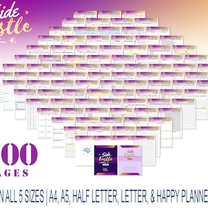May include: A collection of 100 printable planner pages for side hustles. The pages are organized in a grid pattern and feature a variety of layouts and designs. The pages are available in five sizes: A4, A5, Half Letter, Letter, and Happy Planner Classic. The pages are designed to help you plan, track, and manage your side hustle.