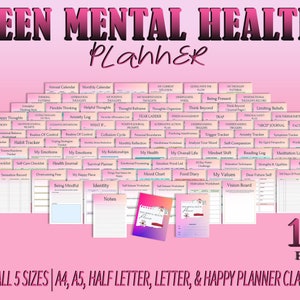 May include: A pink and white printable planner with the title "Teen Mental Health Planner" and the text "102 Pages" in large black font. The planner includes a variety of worksheets and trackers for teenagers to use to manage their mental health. The planner is available in five sizes: A4, A5, Half Letter, Letter, and Happy Planner Classic.