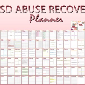 May include: A printable planner with a pink background and the text "PTSD Abuse Recovery Planner" in large, bold, red letters. The planner includes pages for tracking daily activities, self-care, and recovery progress.