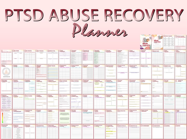 May include: A printable planner with a pink background and the text "PTSD Abuse Recovery Planner" in large, bold, red letters. The planner includes pages for tracking daily activities, self-care, and recovery progress.
