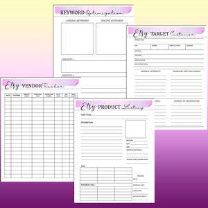 May include: Four printable Etsy shop planner pages with pink and purple watercolor accents. The pages include sections for keyword optimization, target customer, vendor tracker, and product listing.