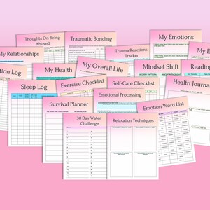May include: A set of printable self-care journal pages with titles such as "My Emotions", "Meditation Log", "Sleep Log", "My Health", "My Relationships", "Thoughts On Being Abused", "Traumatic Bonding", "Trauma Reactions Tracker", "My Overall Life", "Exercise Checklist", "Survival Planner", "30 Day Water Challenge", "Self-Care Checklist", "Emotional Processing", "Relaxation Techniques", "Mindset Shift", "Emotion Word List", "Reading Log", and "Health Journal".