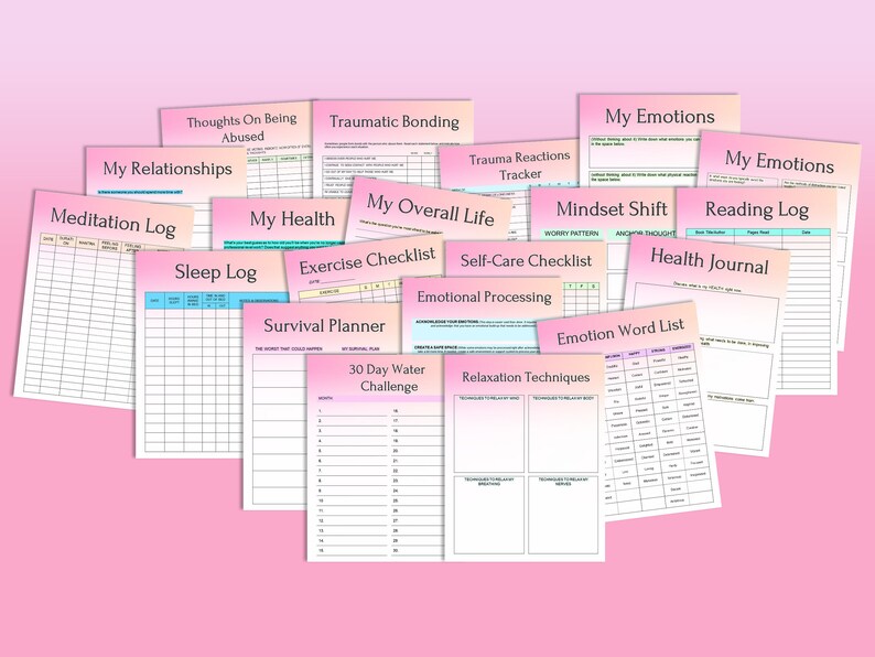 May include: A set of printable self-care journal pages with titles such as "My Emotions", "Meditation Log", "Sleep Log", "My Health", "My Relationships", "Thoughts On Being Abused", "Traumatic Bonding", "Trauma Reactions Tracker", "My Overall Life", "Exercise Checklist", "Survival Planner", "30 Day Water Challenge", "Self-Care Checklist", "Emotional Processing", "Relaxation Techniques", "Mindset Shift", "Emotion Word List", "Reading Log", and "Health Journal".