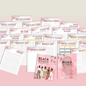May include: A pink and white planner with a floral design and the text "Black Women Planner". The planner includes pages for journaling, goal setting, and other activities.