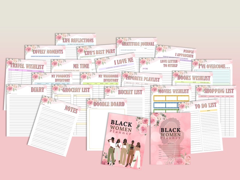 May include: A pink and white planner with a floral design and the text "Black Women Planner". The planner includes pages for journaling, goal setting, and other activities.