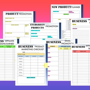 Puede incluir: Un conjunto de hojas de trabajo de planificaci&oacute;n empresarial imprimibles con encabezados y bordes coloridos. Las hojas de trabajo incluyen secciones para la promoci&oacute;n de productos, el seguimiento de las ventas de afiliados, las comisiones ganadas, la promoci&oacute;n por correo electr&oacute;nico y las listas de verificaci&oacute;n de marketing de productos.