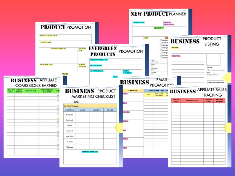 Puede incluir: Un conjunto de hojas de trabajo de planificaci&oacute;n empresarial imprimibles con encabezados y bordes coloridos. Las hojas de trabajo incluyen secciones para la promoci&oacute;n de productos, el seguimiento de las ventas de afiliados, las comisiones ganadas, la promoci&oacute;n por correo electr&oacute;nico y las listas de verificaci&oacute;n de marketing de productos.