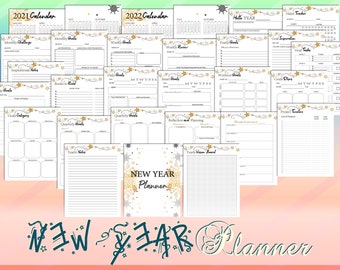 New Year Planner Printable Resolution Goal Planner 2021 Kalender Digital Download Day Binder Classic Happy PDF Inserts A4 A5 Letter Half