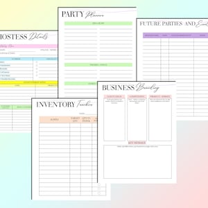 Puede incluir: Un planificador imprimible con secciones para la planificaci&oacute;n de fiestas, el seguimiento del inventario, la creaci&oacute;n de marca y las futuras fiestas y eventos. El planificador tiene un esquema de color rosa, verde y morado.