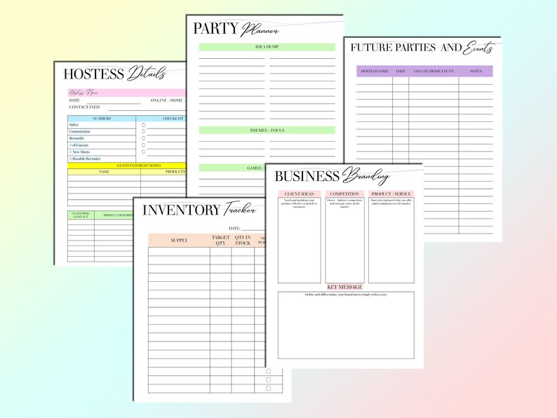 Puede incluir: Un planificador imprimible con secciones para la planificaci&oacute;n de fiestas, el seguimiento del inventario, la creaci&oacute;n de marca y las futuras fiestas y eventos. El planificador tiene un esquema de color rosa, verde y morado.